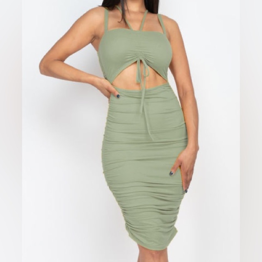 Cut Out Bodycon Dress Sleeveless Sage Green Ruched Stretchy Rayon Size L